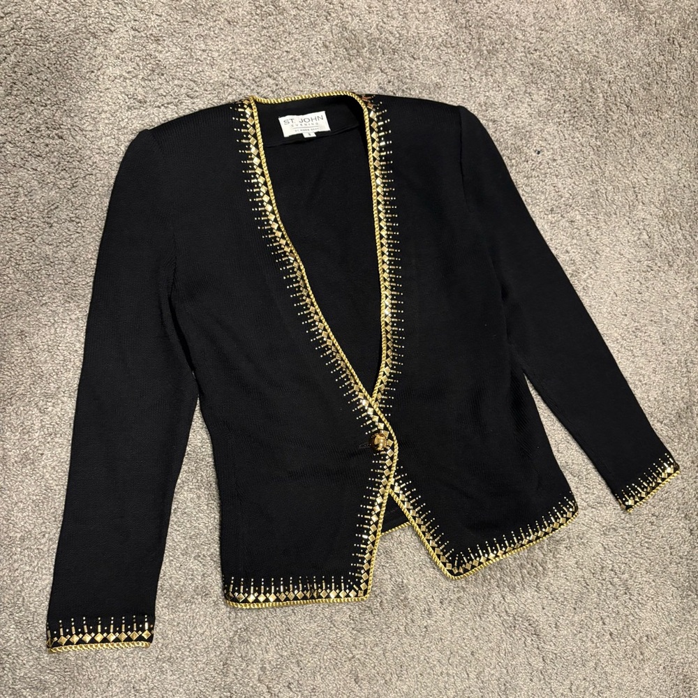 ST. JOHN Evening NEW Gold Studded Embellished Cardigan Sweater Jacket Size 8 - Picture 2 of 16